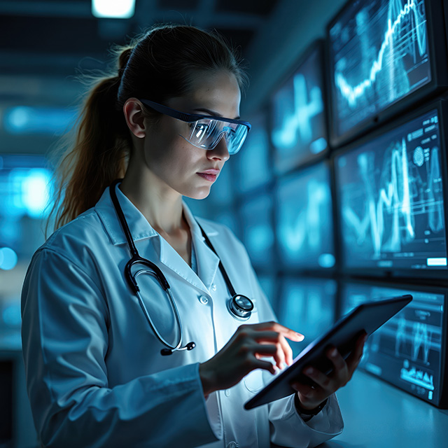 Doctor with tablet and stethoscope in a room with blue screens