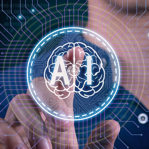 A clinician interacts with an AI brain on a transparent screen.